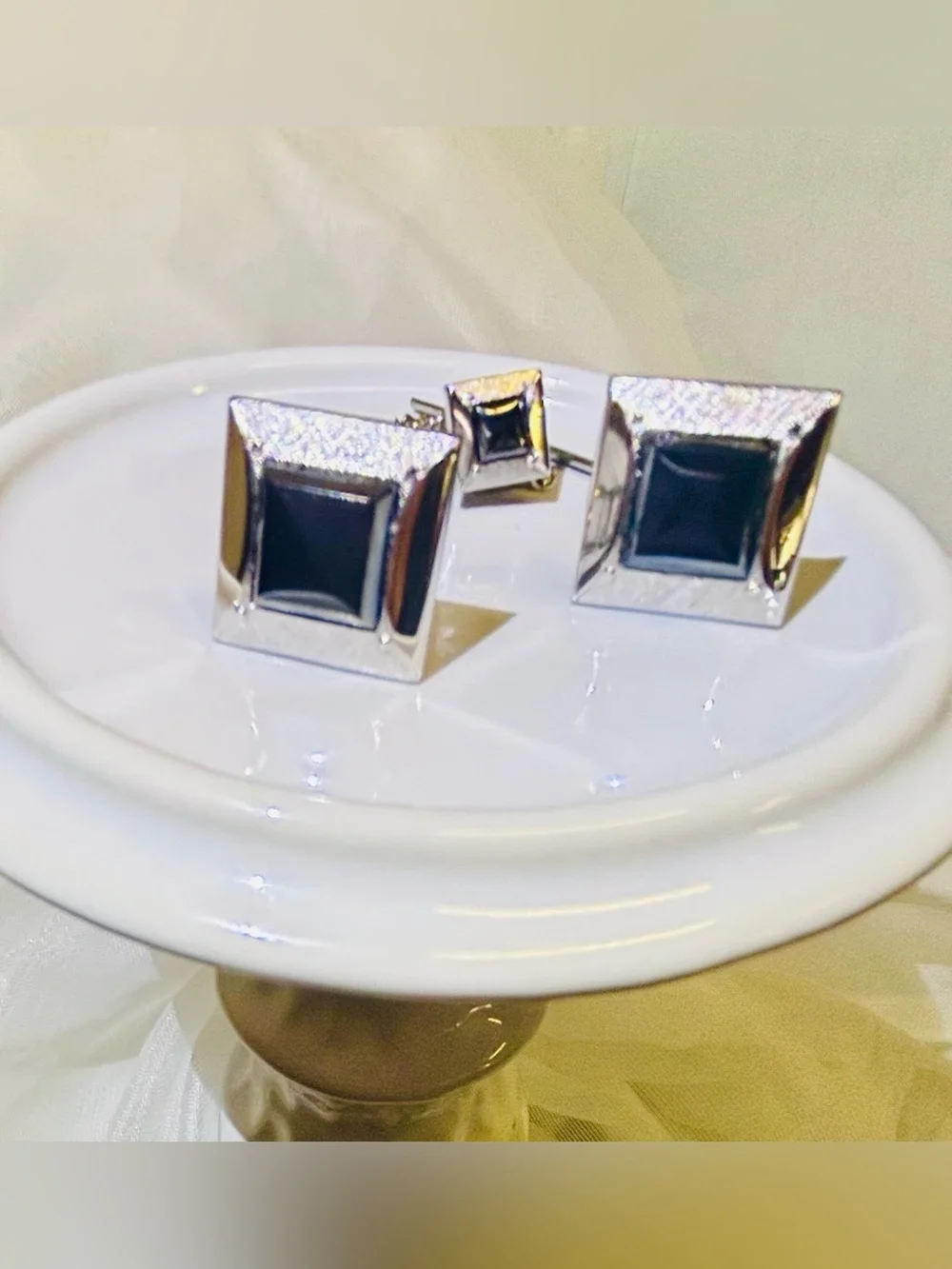 Vintage Swank Mid Century Modern Square Black Onyx Silver Tone Cufflinks MCM